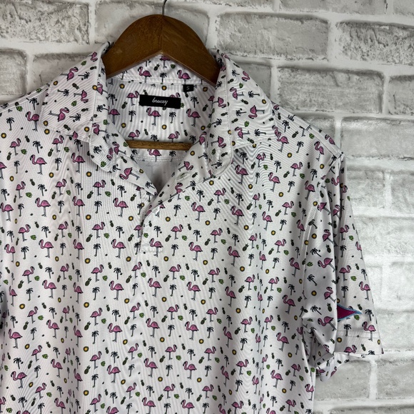 BREEZY Golf Flamingo & Summer Vibes AOP Performance Golf Polo Mens Small Stretch - Picture 1 of 7